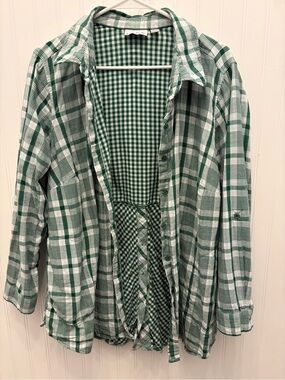 *FREE SHIPPING* Joan Rivers Green Plaid Casual Button-Down Shirt 100% Cotton